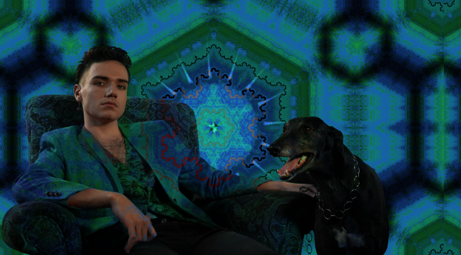 young man in his 20s sitting in a old club armchair with a grey hound dog by his side and an green and blue psychadelic fractal backdropground